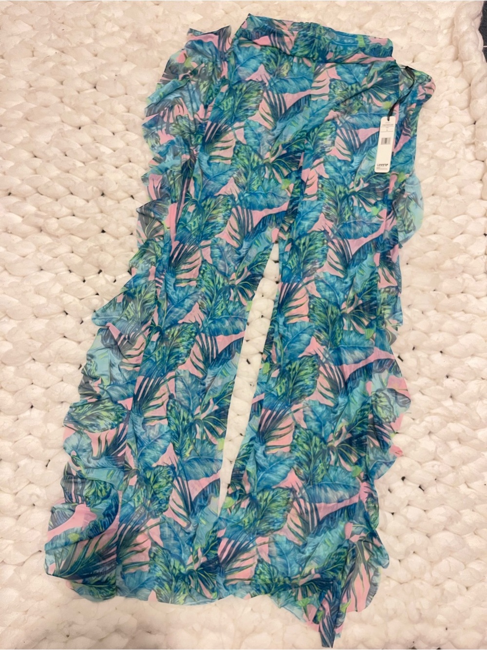 NWT Tropical Leaf Print Wide-Leg Mesh Poolside Flare Pants - Teal & Pink 🩷💚 - Picture 2 of 4